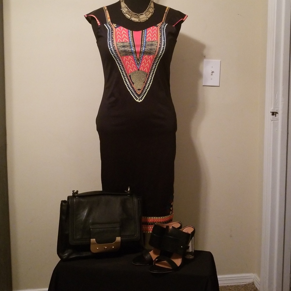 African Print Bodycon Dress w/Cap Sleeves Blk Sz L